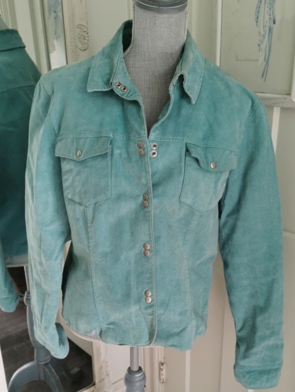Alice Blue Womens Turquoise 100% Suede  Leather Snap-Front Jacket. Size XL